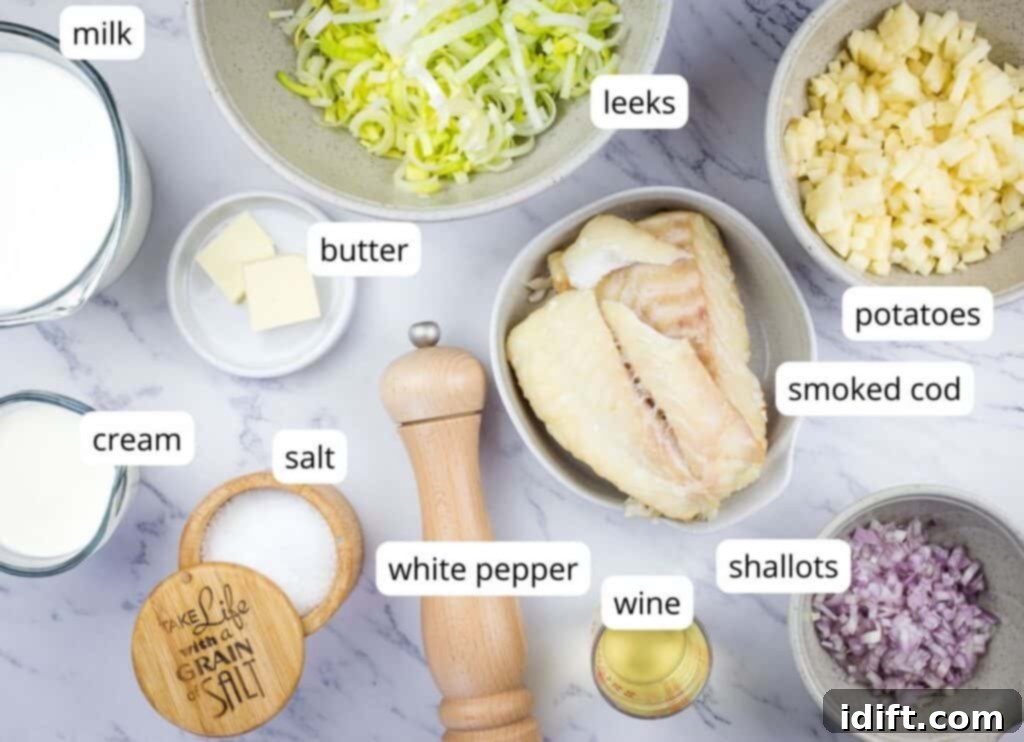 Labeled ingredients for making Cullen Skink soup, neatly arranged on a countertop.