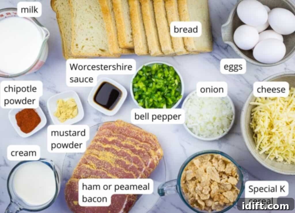 Labeled ingredients arranged on a counter, ready to make Christmas Morning Casserole.
