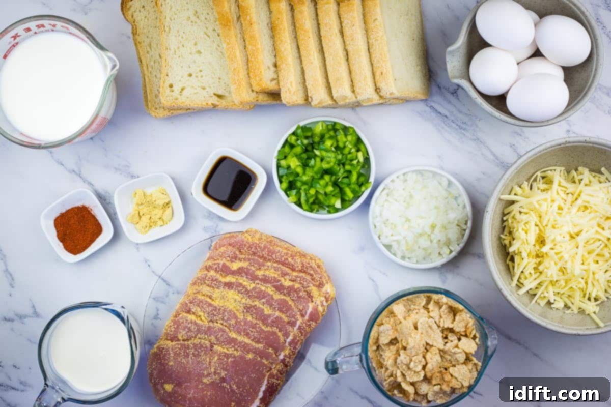 Ingredients for Christmas Morning Casserole laid out on a table.