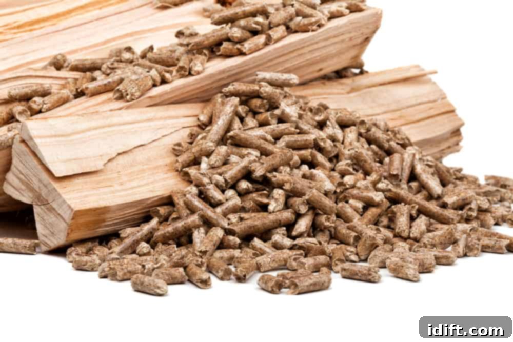 A close-up of wood smoker pellets next to small, natural wood chunks, highlighting the different forms of smoking fuel.