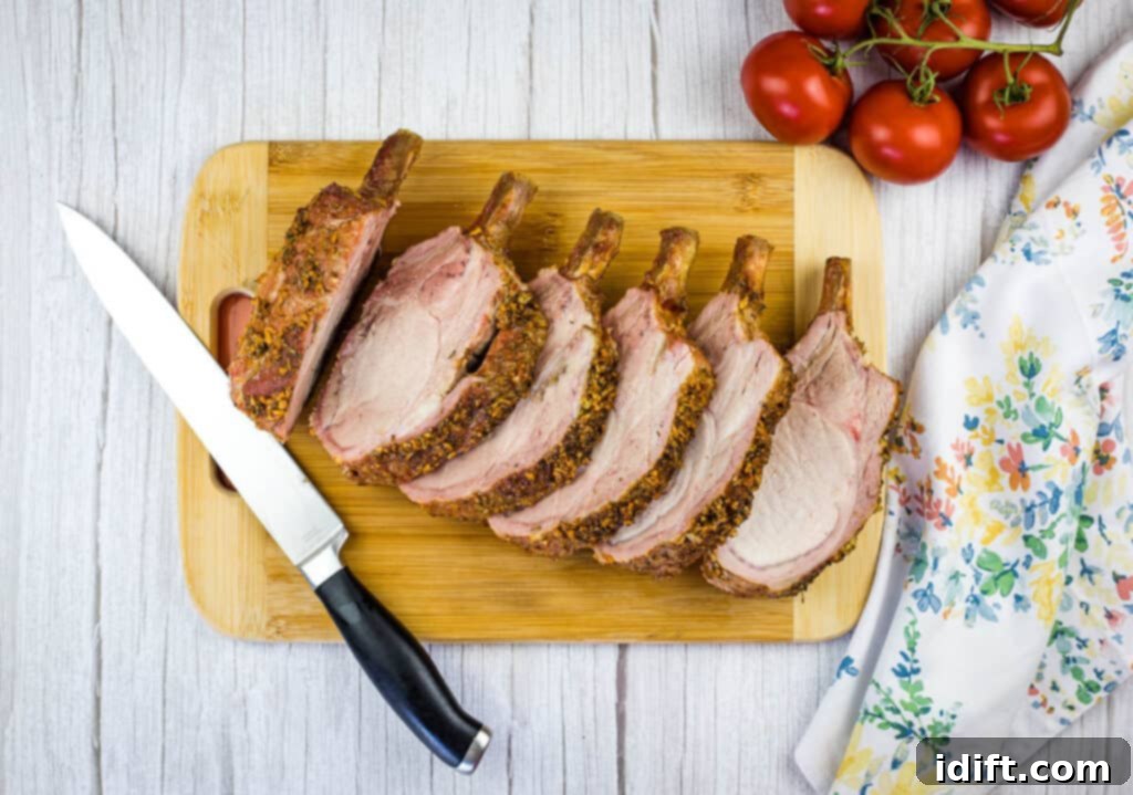 A perfectly carved, smoked rack of pork resting on a wooden cutting board, showcasing its juicy interior and crispy exterior.