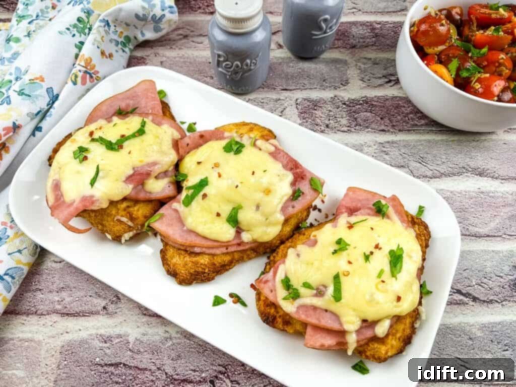 A horizontal shot of 3 chicken cordon bleu patties arranged perfectly on a white plate, ready for serving.
