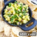 Lone Star Pineapple Salsa 5 Pineapple salsa in a black serving dish surrounded by tortilla chips.