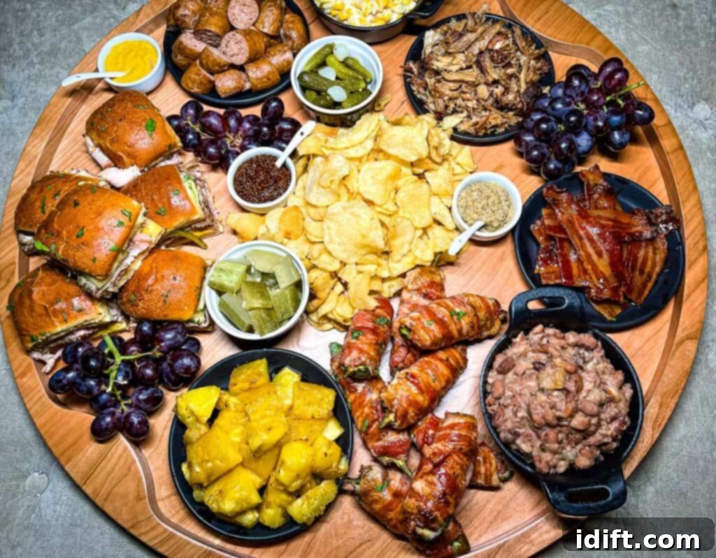 An array of delicious smoked pork dishes artfully arranged on a large board, prominently featuring Pork Stuffed Smoked Jalapeno Poppers as a star appetizer.