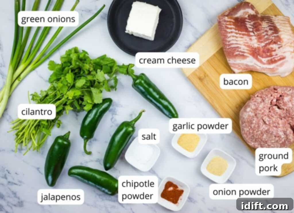 Carefully arranged, labeled ingredients laid out on a clean surface, ready to be combined for making pork stuffed smoked jalapeno poppers.