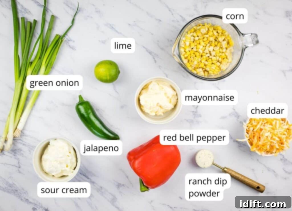 Clearly labeled individual ingredients laid out for making Cold Corn Dip, showcasing their freshness and quality.
