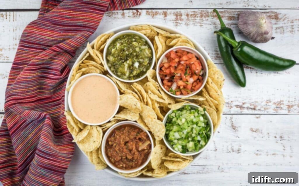 A snack platter with various salsas and chips.