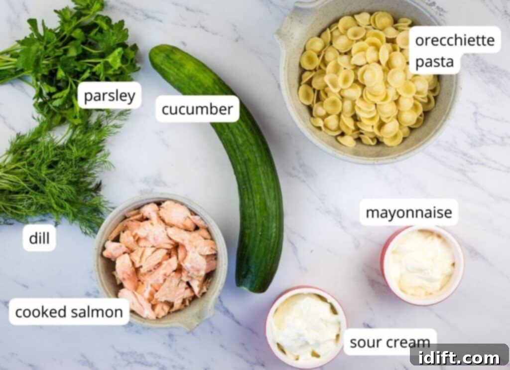 Labeled Salmon Pasta Salad ingredients.