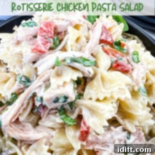 A closeup of rotisserie chicken pasta salad.