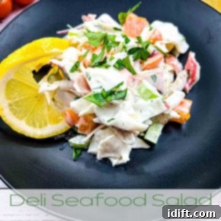 Deli Seafood Salad on a black plate with a slice of lemon.