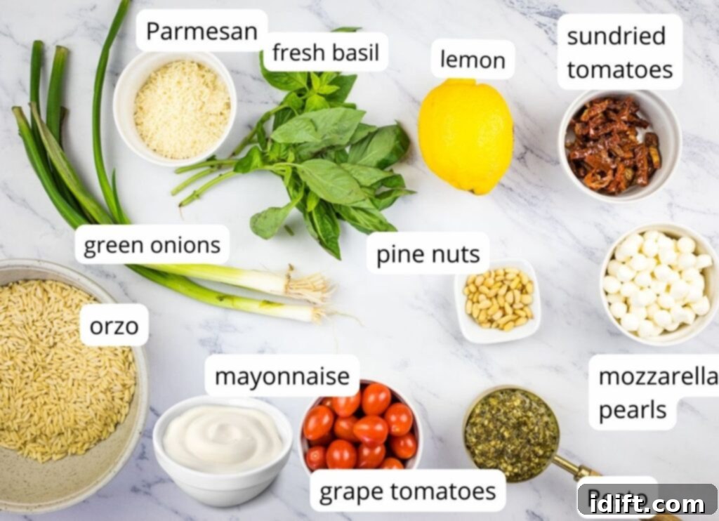 Labeled ingredients ready to prepare Pesto Orzo Salad, neatly arranged for clarity.