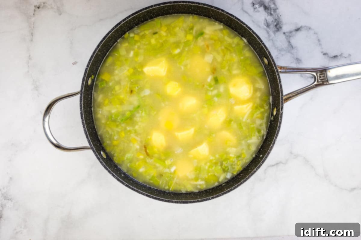 Add potatoes, stock and simmer.