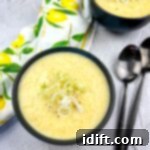 Leek and Green Garlic Soup in two black bowls with spoons.