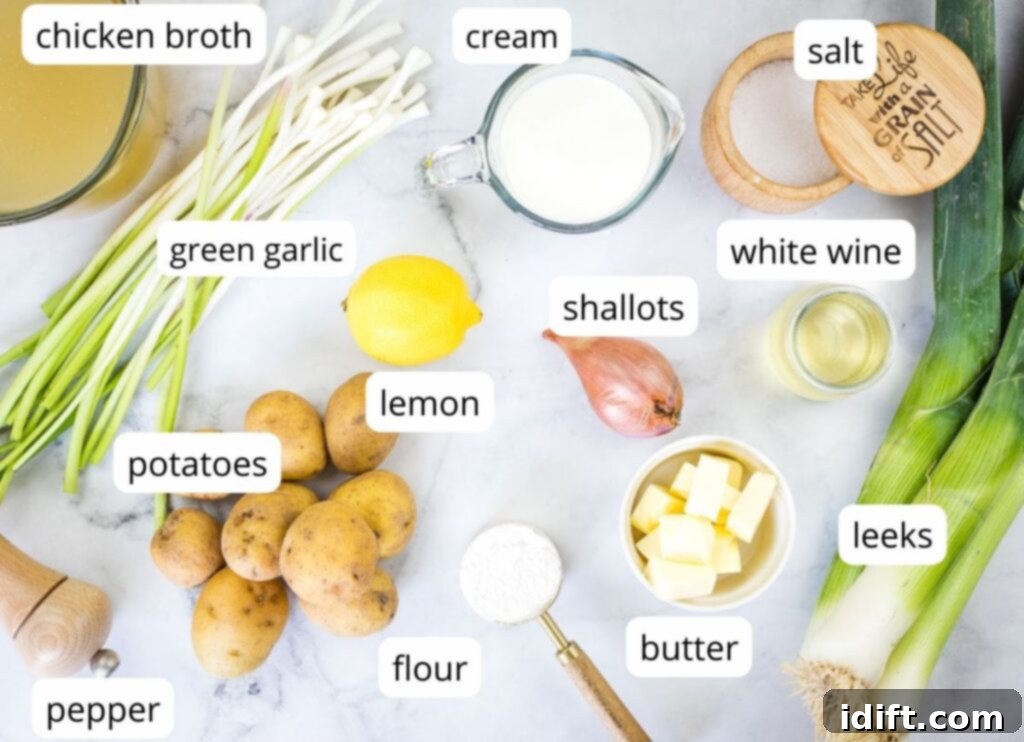 Leek and green garlic soup ingredients labeled.