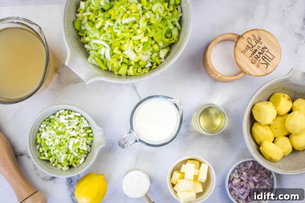 Prepped ingredients to make Leek and Green Garlic Soup.