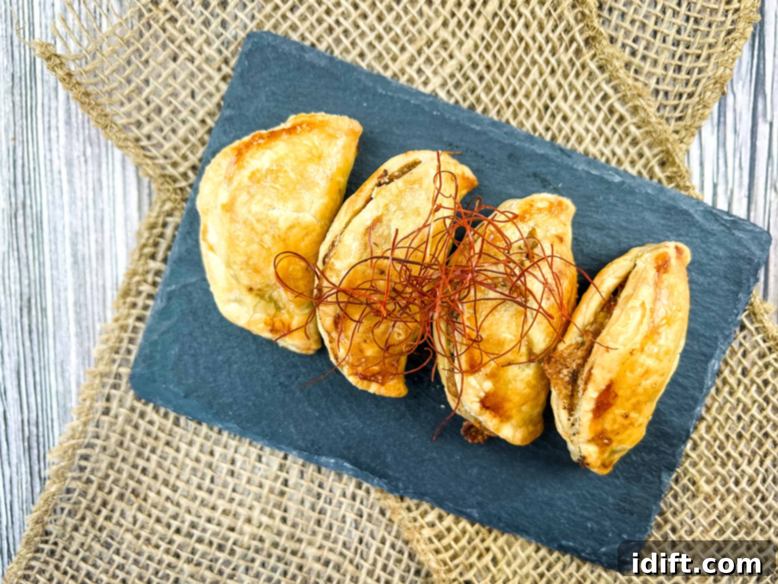 A plate of perfectly air-fried golden-brown beef empanadas, ready to be served and enjoyed, with a slight garnish.