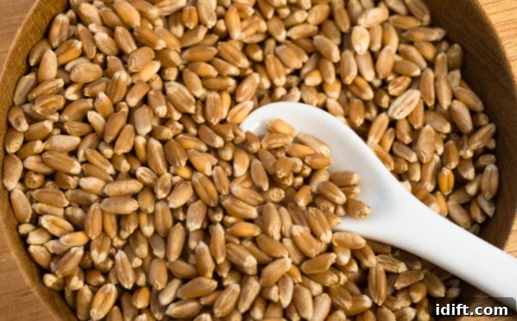 Wheat berries in a ceramic bowl with a wooden spoon, ready for cooking.