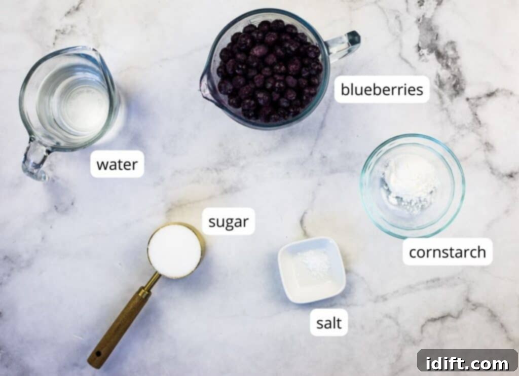 Labeled ingredients for blueberry sauce, featuring frozen blueberries, water, sugar, cornstarch, and a small dish of salt, arranged neatly on a surface.