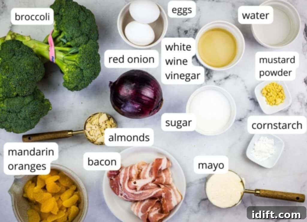 Vibrant Broccoli Salad with Zesty Orange and Smoky Bacon Crunch 4 All the fresh ingredients meticulously labeled and arranged, ready to be transformed into a delicious Broccoli Salad with Bacon and Almonds.