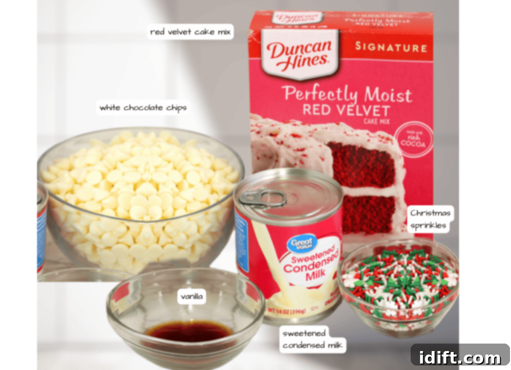 All the essential ingredients neatly laid out on a surface, ready to be transformed into festive red velvet truffles.