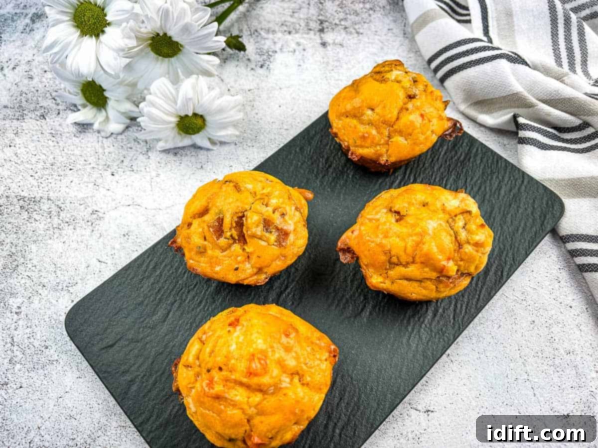 Savory Pizza Cups 11 A black plate showcasing several freshly baked Pizza Muffins, golden brown and perfectly cooked.