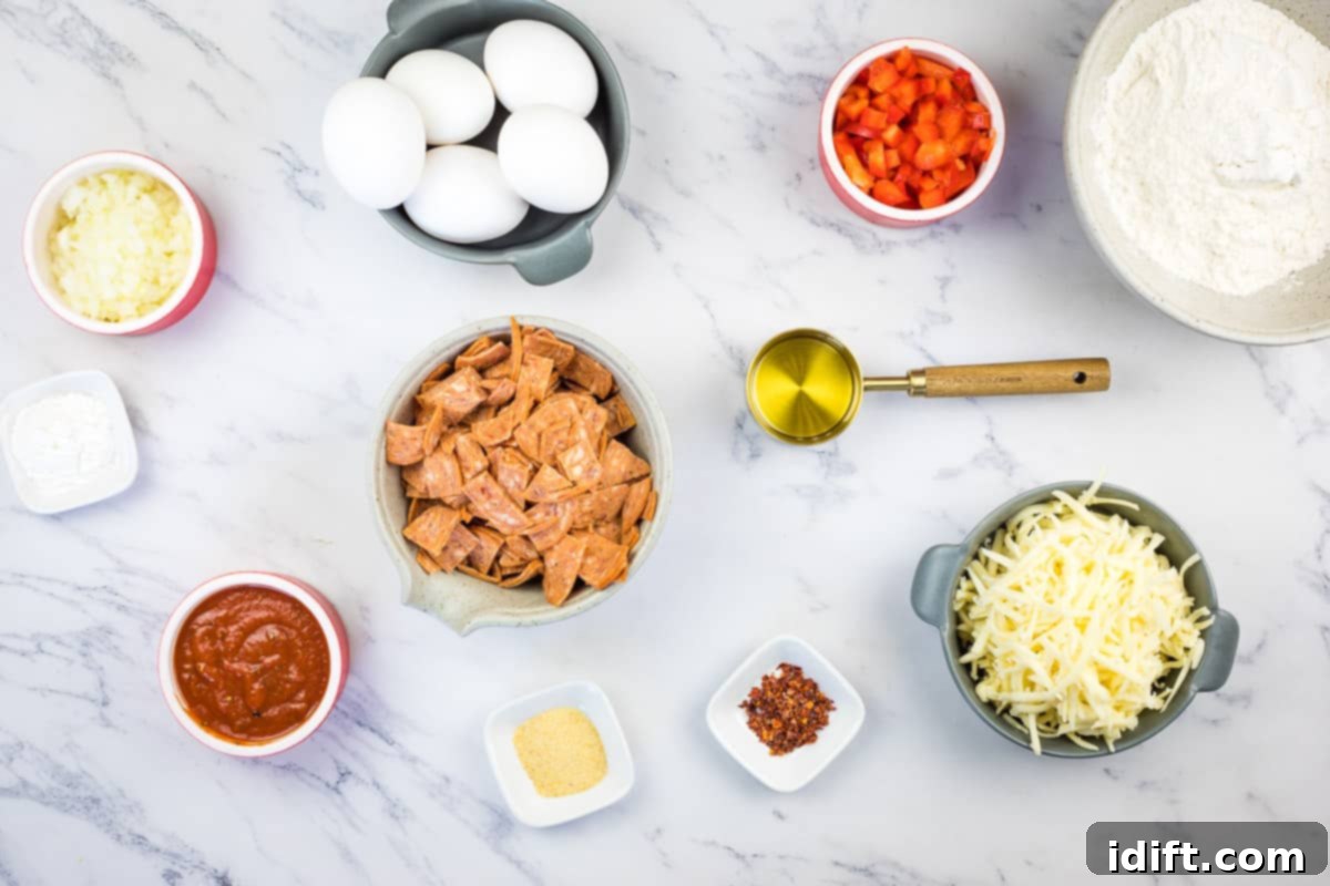 Savory Pizza Cups 5 All the necessary ingredients laid out on a clean surface, ready for making Pizza Muffins.