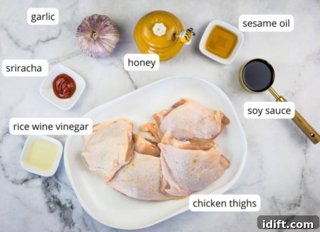 Labeled ingredients to make air fryer honey garlic chicken thighs.