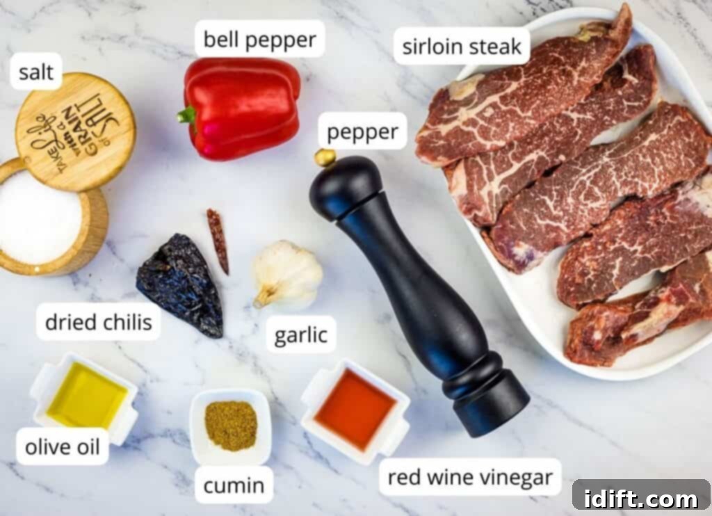 Sizzling Steak Skewers with Zesty Mojo Rojo 4 Carefully labeled ingredients, including steak, chiles, bell pepper, garlic, and spices, prepared for the Mojo Rojo steak skewers recipe.