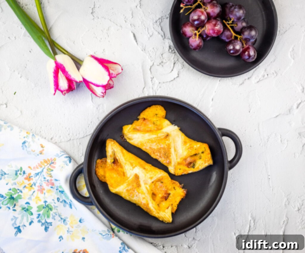 Freshly baked ham and cheese turnovers arranged on a black plate, garnished with fresh parsley.