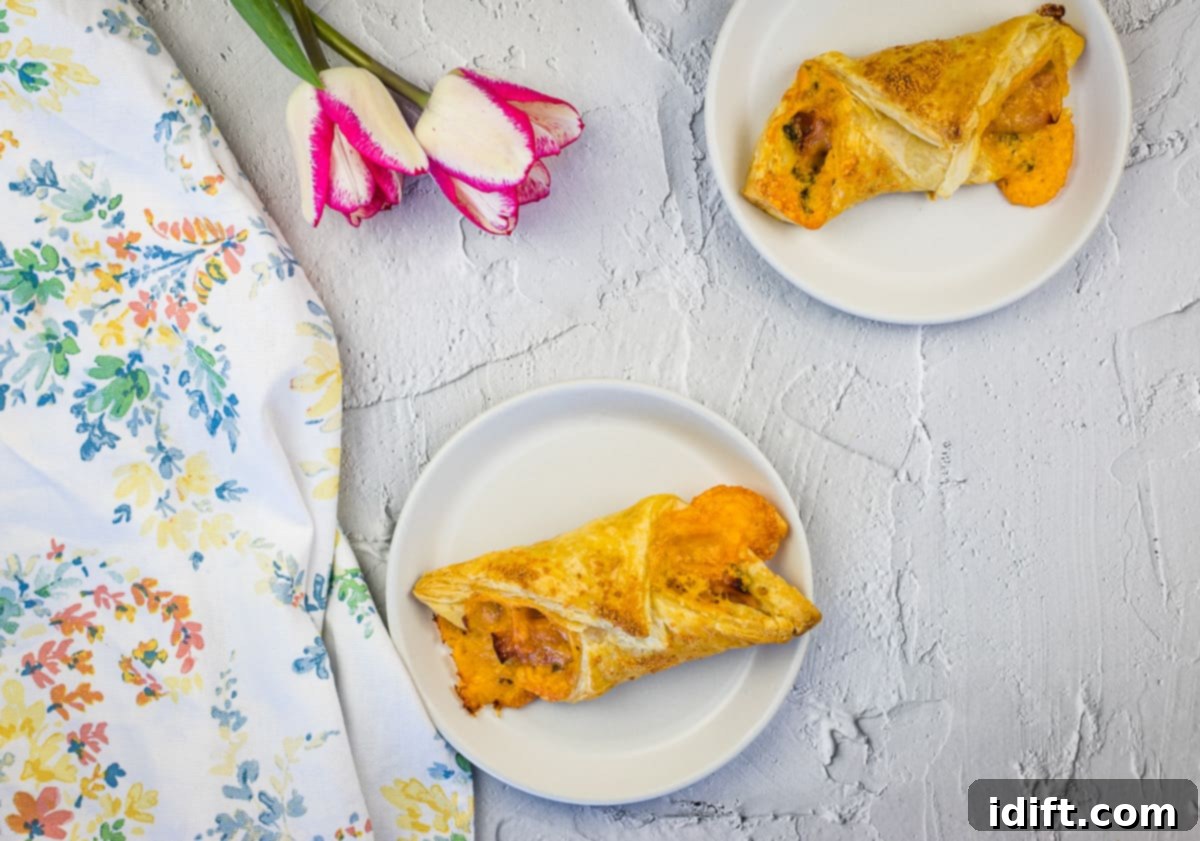 A plate of finished ham and cheese turnovers, golden and flaky, ready to eat.