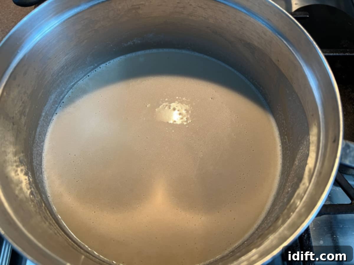 Hearty Guinness Beer Cheese Dip 7 Beer and milk added to saucepan.