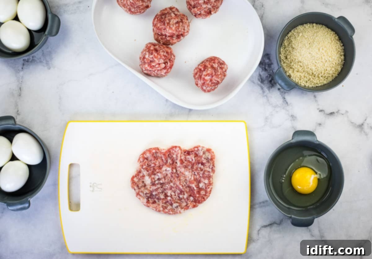 Crispy Baked Scotch Eggs 8 Flattened sausage ready to wrap the egg.