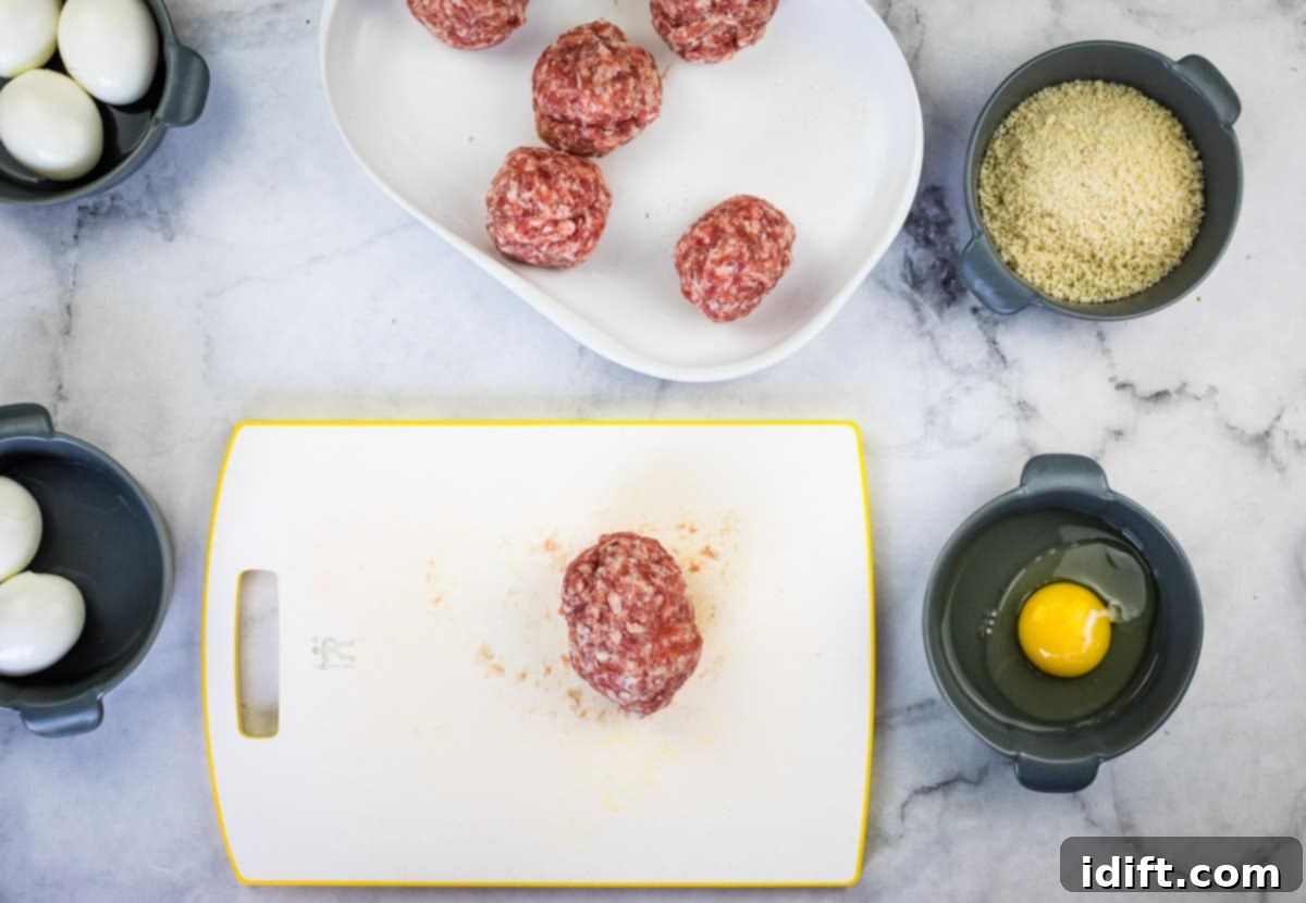 Crispy Baked Scotch Eggs 9 A sausage wrapped egg on a cutting board.