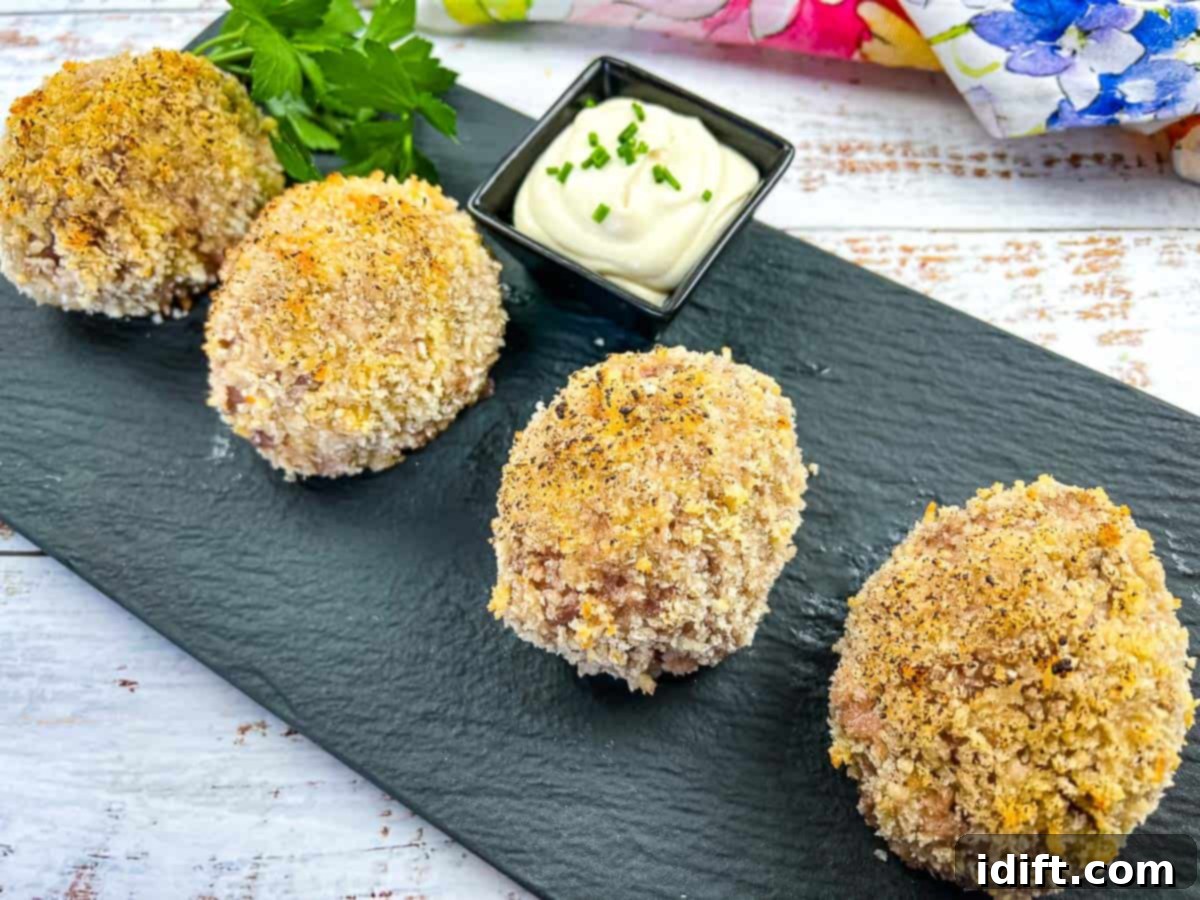 Crispy Baked Scotch Eggs 13 Finished Scotch Eggs on a black platter.