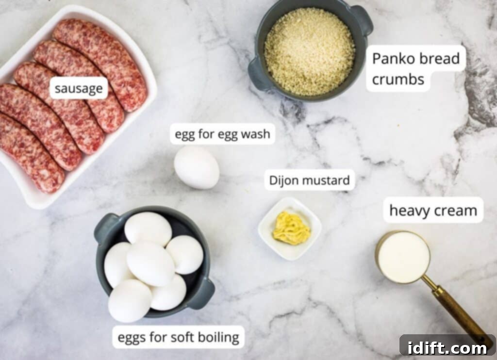 Crispy Baked Scotch Eggs 4 Labeled ingredients to make baked scotch eggs.