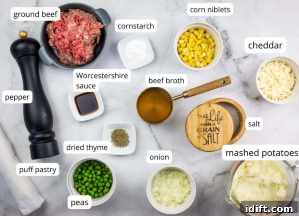 Shepherds Pie Poppers 4 Labeled ingredients for making Shepherd's Pie Bites, neatly organized.