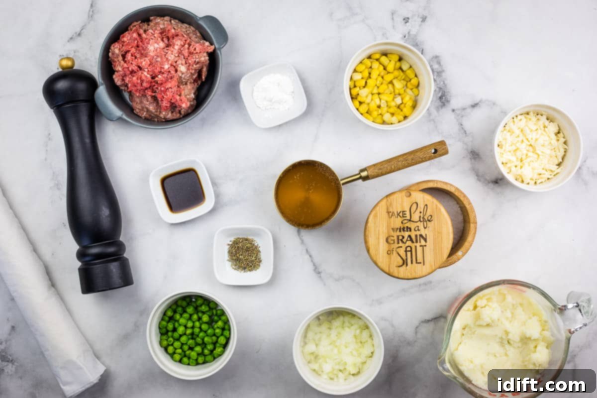 Shepherds Pie Poppers 6 Ingredients for Shepherd's Pie Bites laid out on a counter.