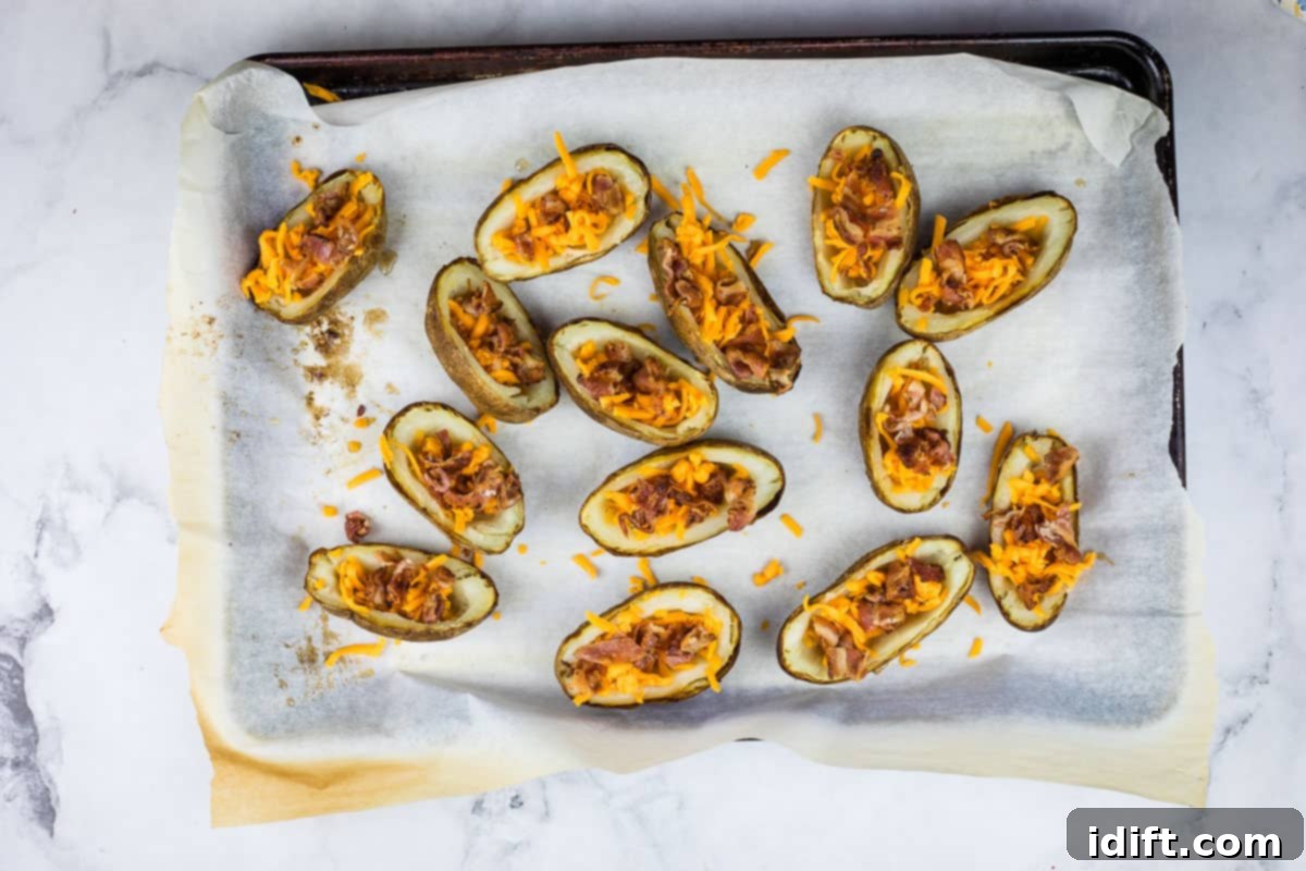Baked potato skins ready for the oven.