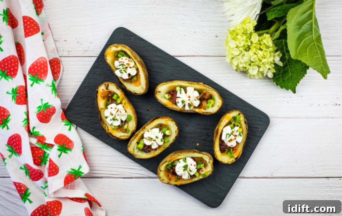 Finished baked potato skins ready to eat.