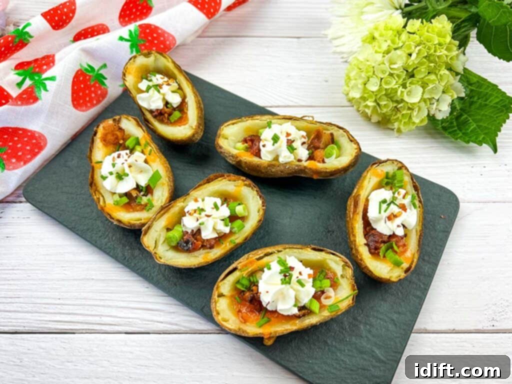 A horizontal shot of Baked Potato Skins on a black platter.