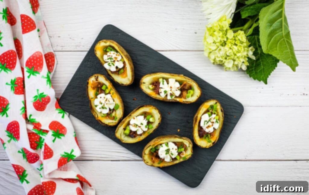 Finished baked potato skins ready to eat.