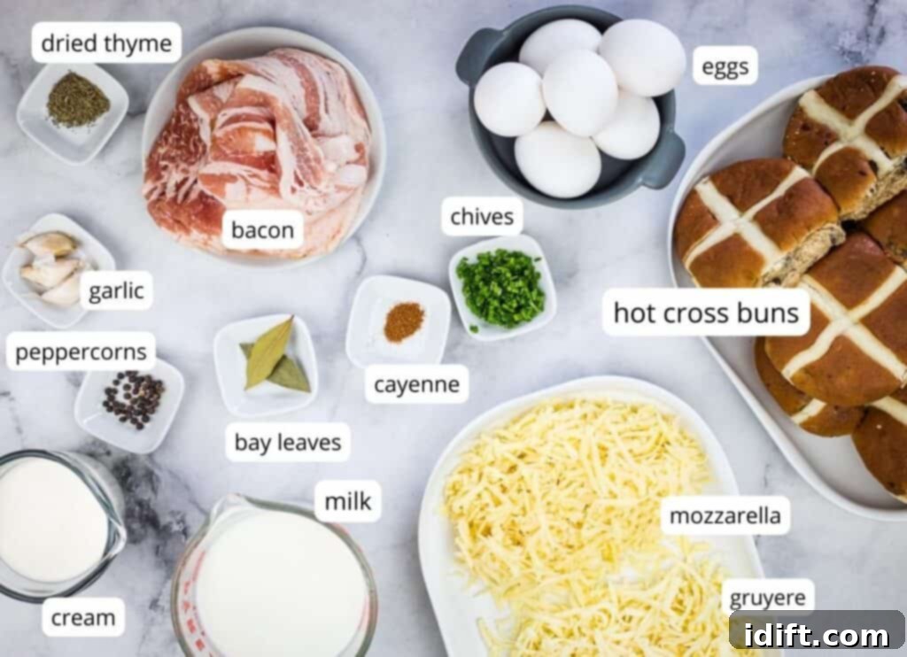 Spiced Hot Cross Bun French Toast Bake 4 Labeled ingredients to make Hot Cross Bun Breakfast Casserole.