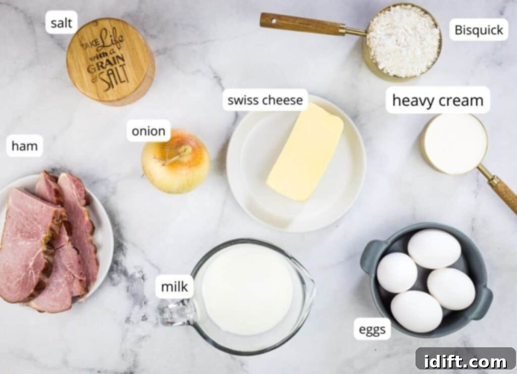 Labeled ingredients to make Impossible Ham & Cheese Quiche.