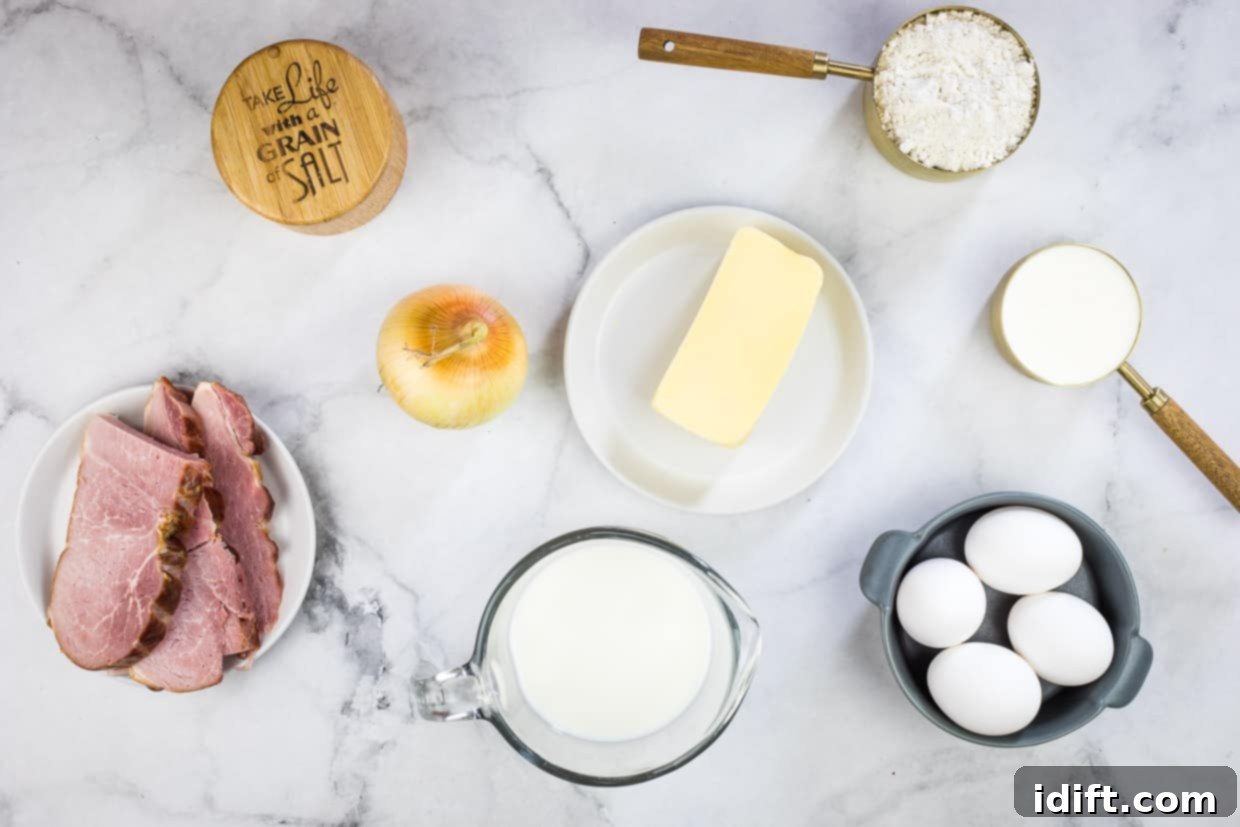 Ingredients to make Ham & Cheese Impossible Quiche.