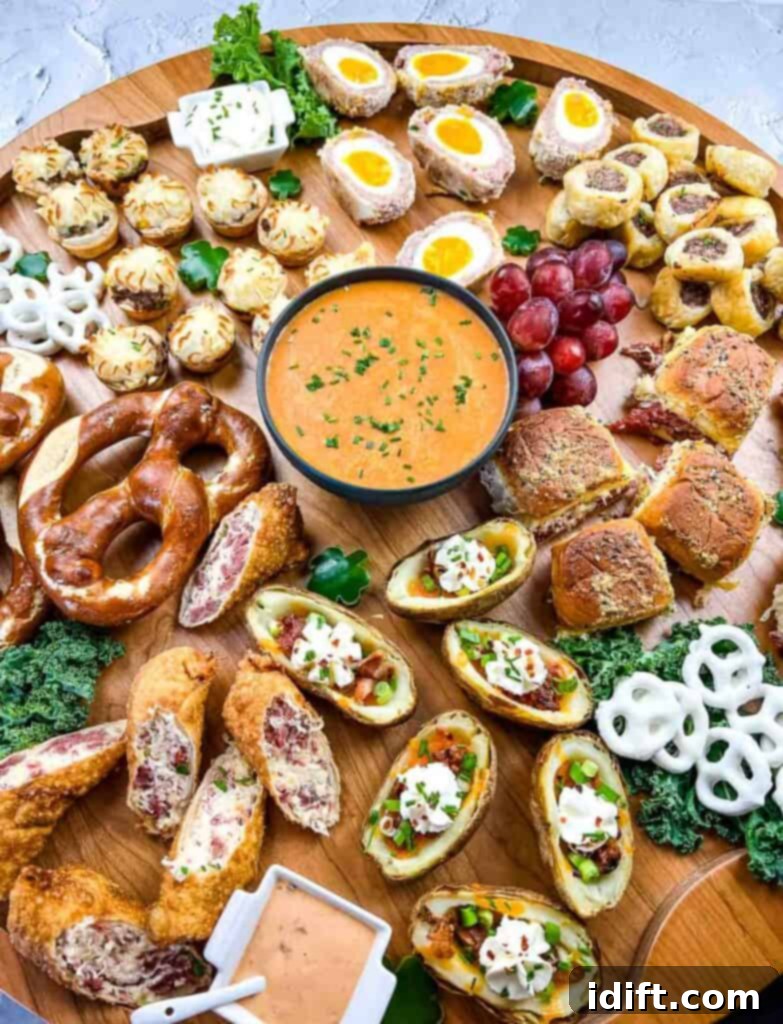 St Patricks Day Lucky Treat Tray 2 A closeup of a St. Patrick's Day snack board, showcasing a rich variety of green and themed foods.