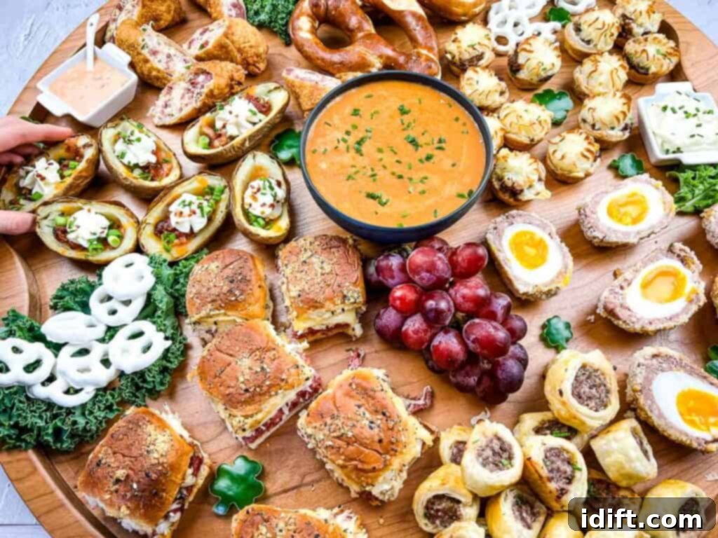 St Patricks Day Lucky Treat Tray 3 A horizontal shot of a St. Patrick's Day snack board, featuring a full spread of themed appetizers and festive decor.