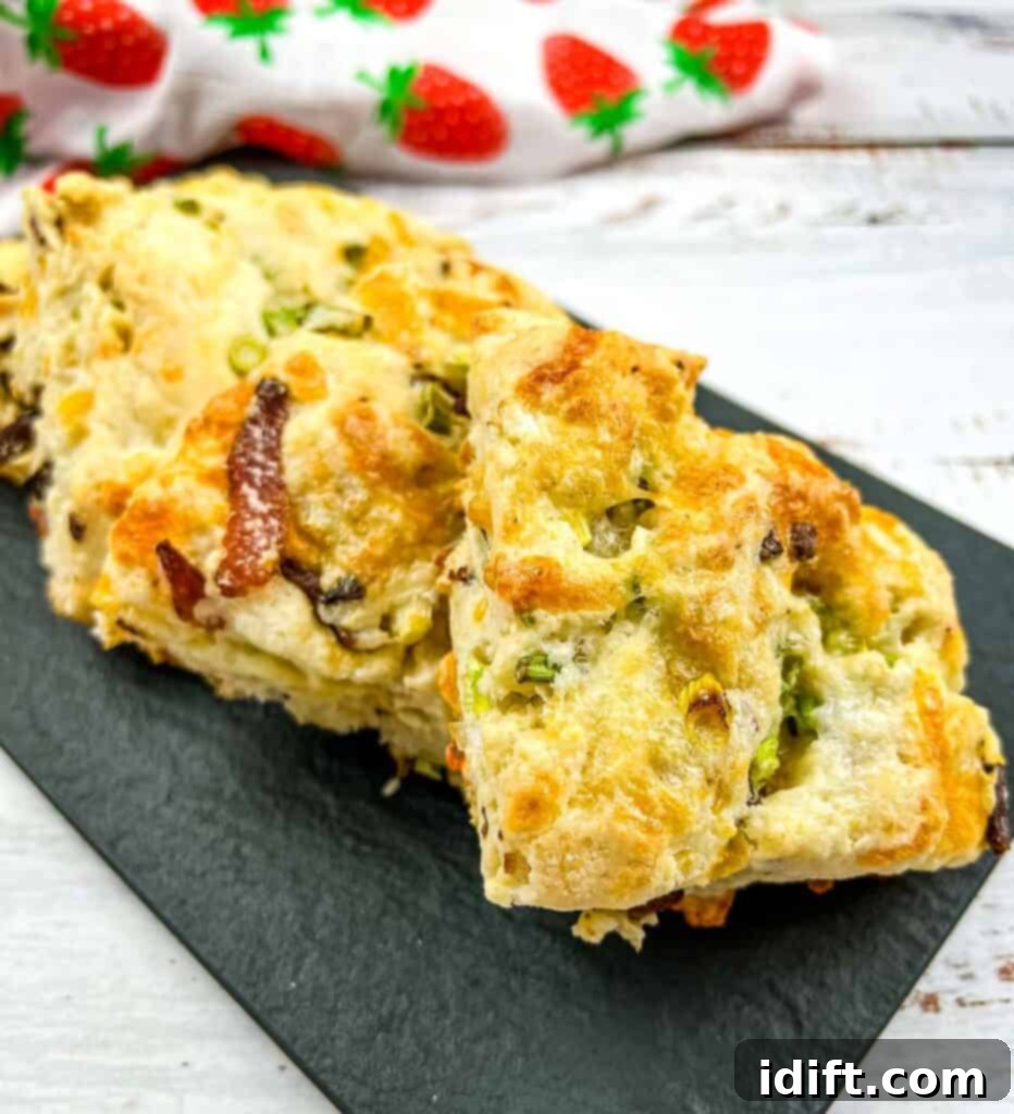 Golden brown Bacon, Cheddar, Green Onion Scones on a sleek black platter, inviting a delicious bite.