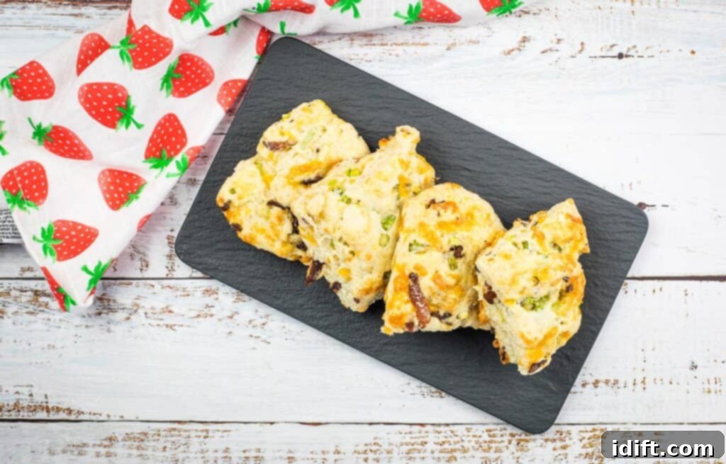 A beautiful top-down horizontal shot showcasing a platter of freshly baked Bacon, Cheddar, and Green Onion Scones, ready to be enjoyed.