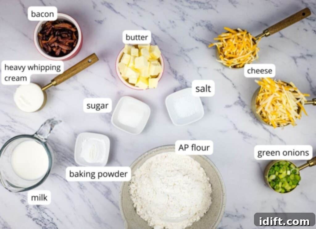 Clearly labeled ingredients for Bacon, Cheddar, Green Onion Scones, neatly arranged.