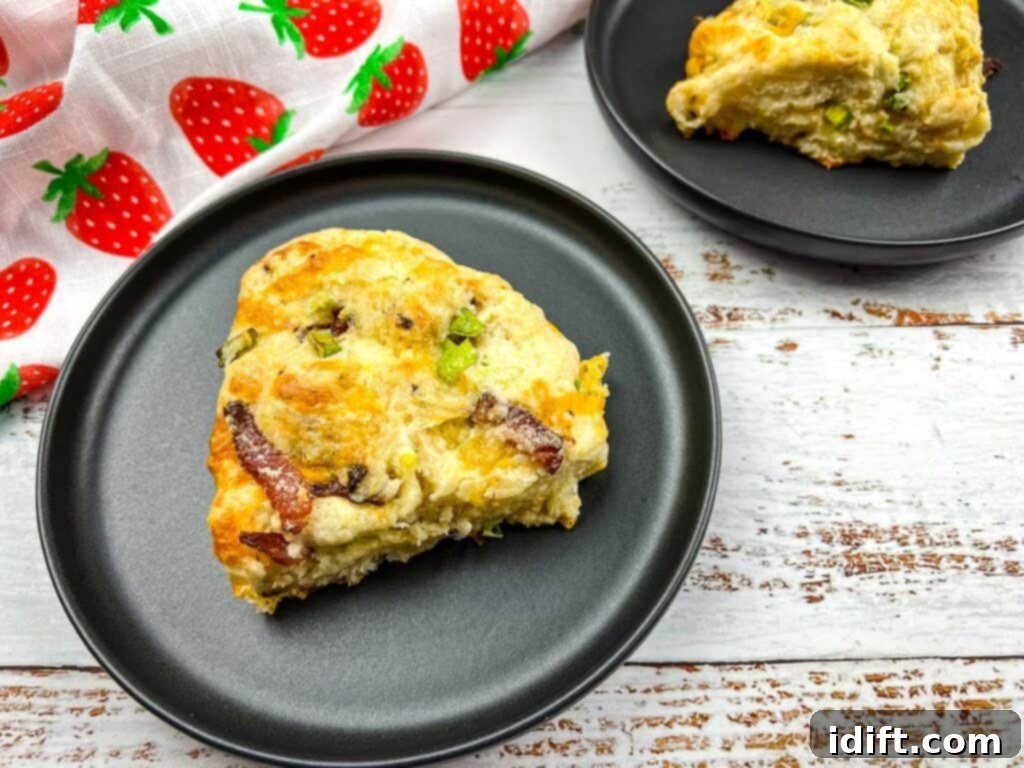 A top-down shot of two perfectly baked bacon cheddar green onion scones, elegantly presented on black plates, ready for a delicious meal.